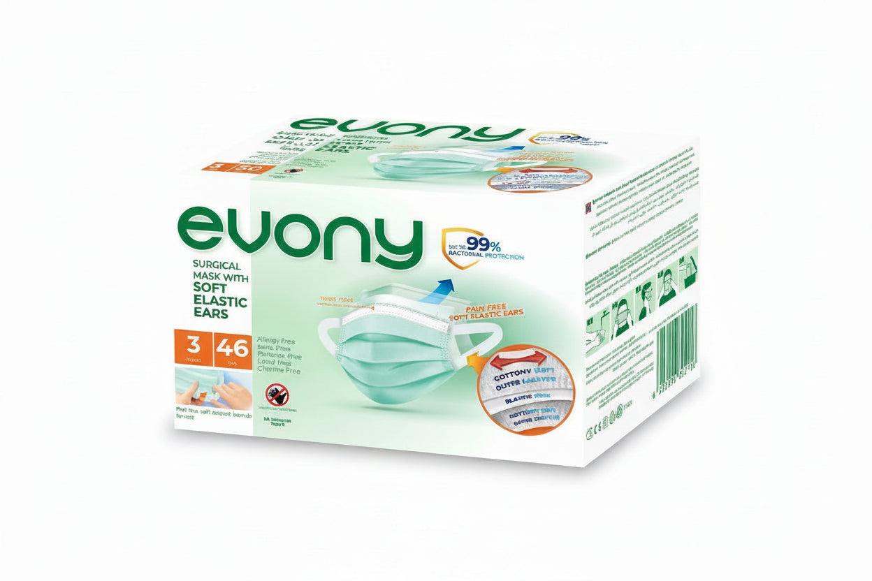 Evony surgical mask packaging on a white background