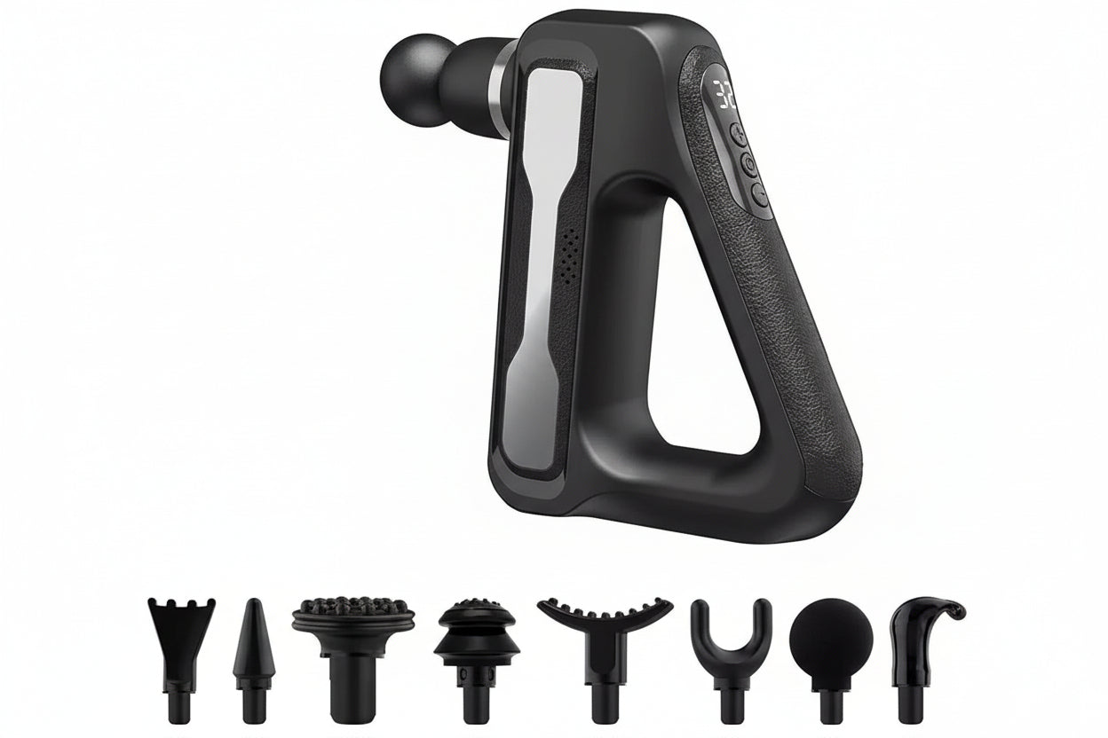 Black handheld tool with attachments on a white background